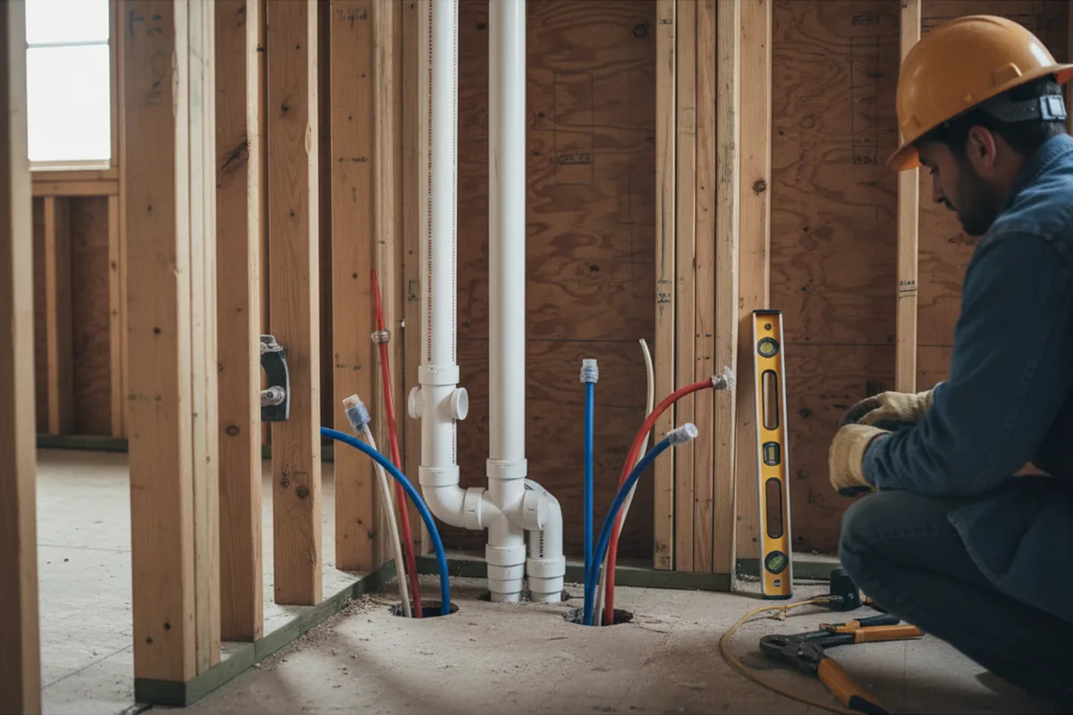 Drain and supply rough-in during Sump Pump Repair in Pipestem