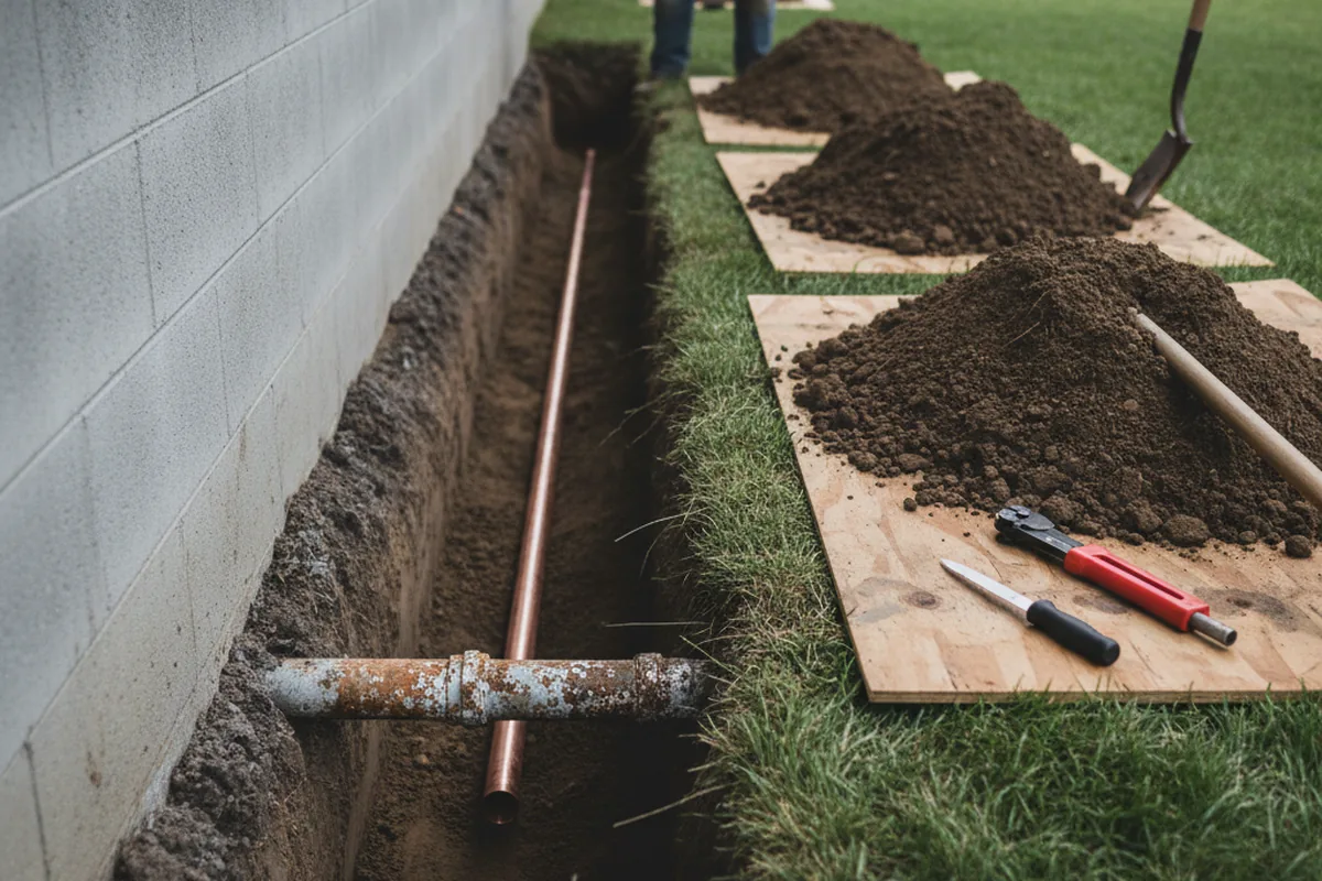 Excavated water line trench during Sewer Line Repair in Pipestem
